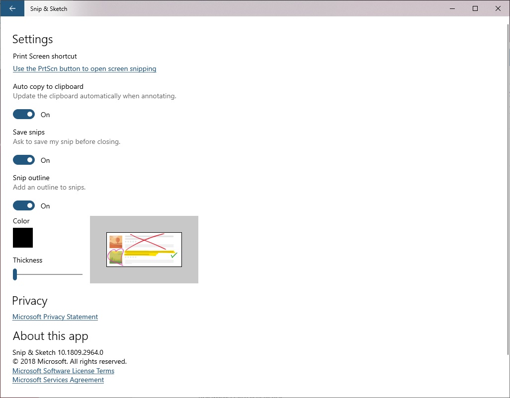 Snip and Sketch settings page